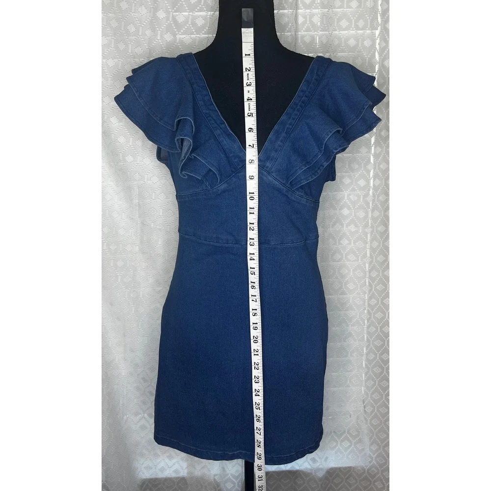 Flying Tomato Denim Mini‎ Dress Ruffle Sleeves V Neck Dark Wash Size M, NWT - Picture 4 of 7